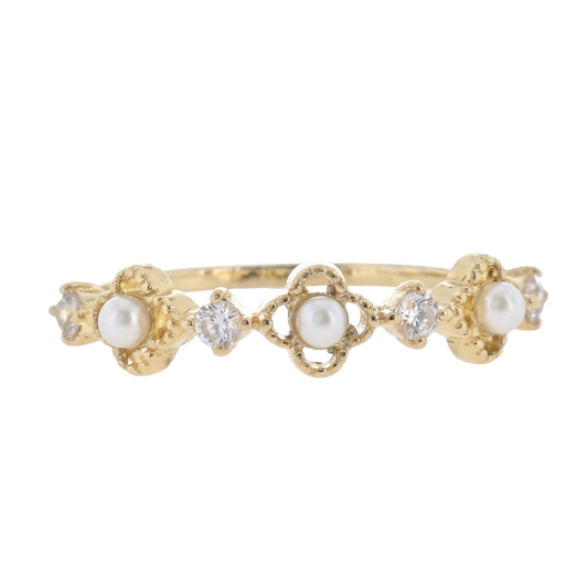 18K Gold Plated Pearl and Crystal Clover Ring