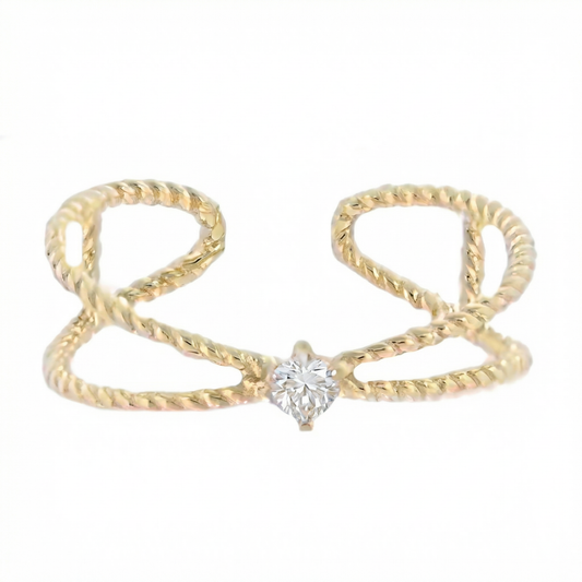 18K Gold Plated Twisted Rope Double Band with Single Crystal Ring