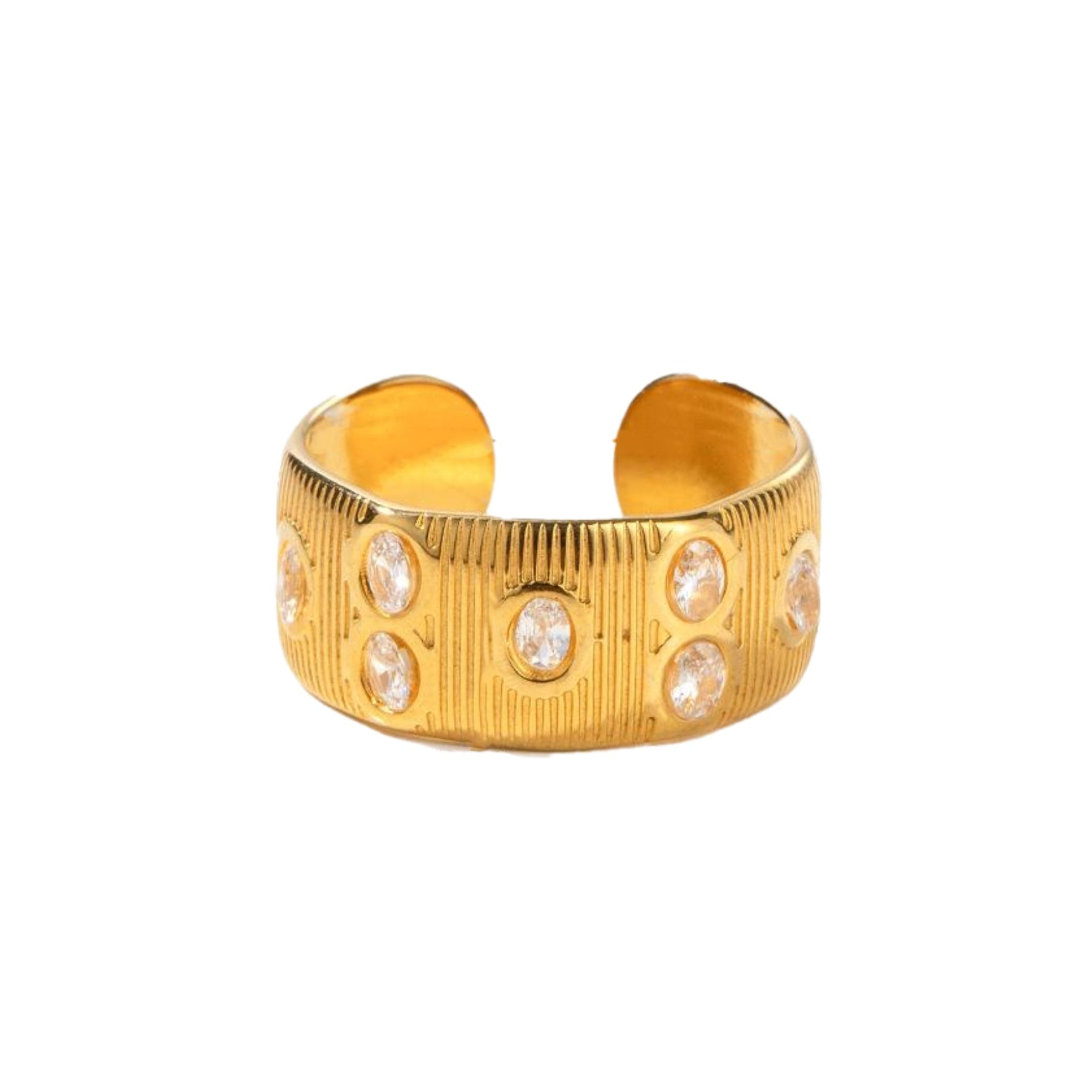 18K Gold Plated Line Textured Band Ring with Clear Multi Crystal Accents