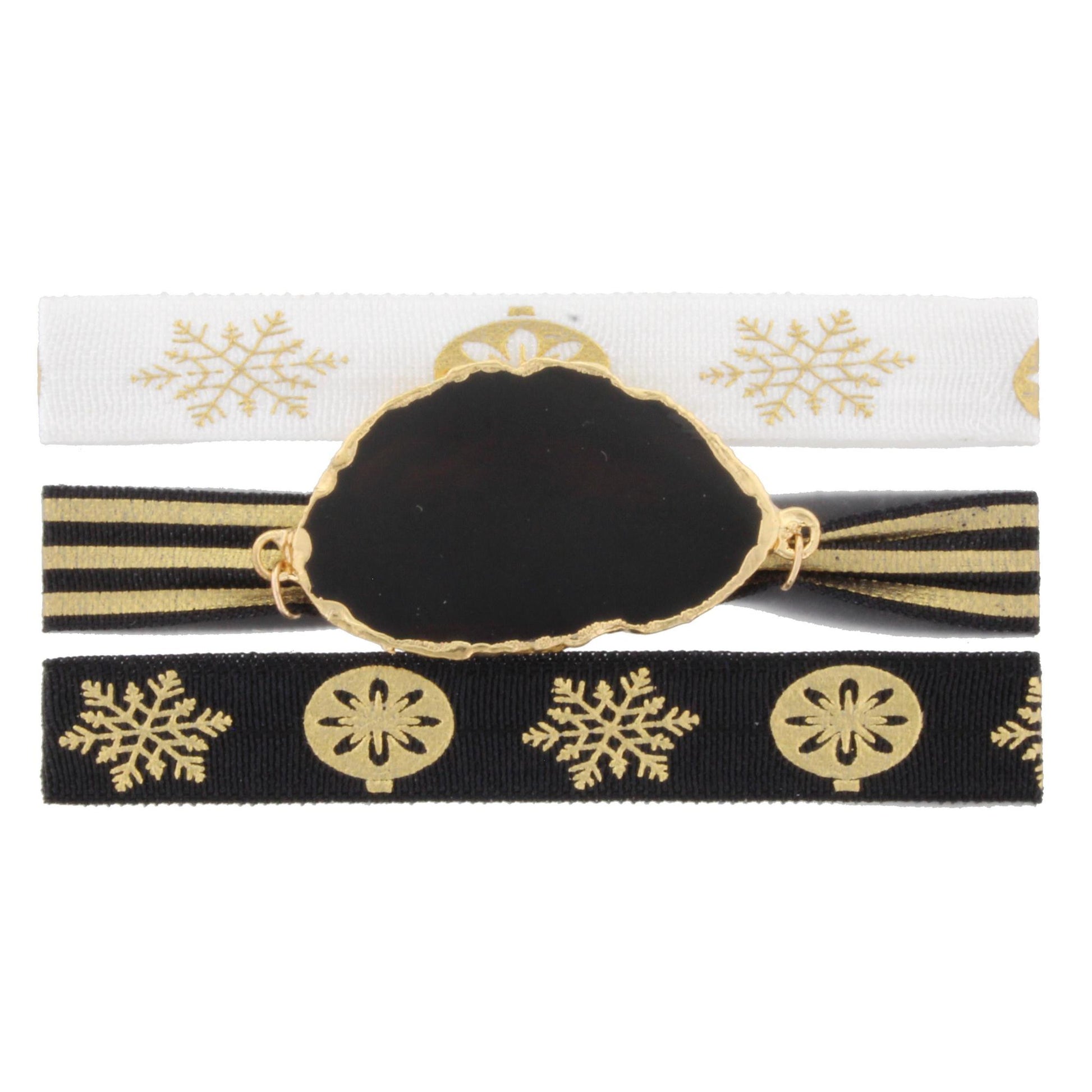 Three 8" Hair Ties - White with Gold Ornament and Snowflake, Black/Gold Stripe with Black Agate, and White with Gold Snowflake Ties