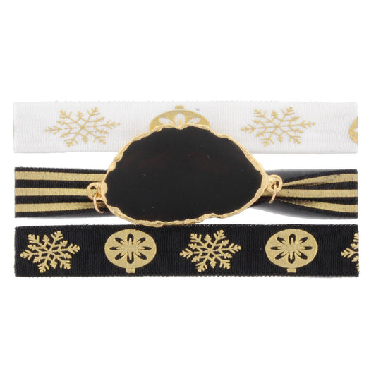 Three 8" Hair Ties - White with Gold Ornament and Snowflake, Black/Gold Stripe with Black Agate, and White with Gold Snowflake Ties