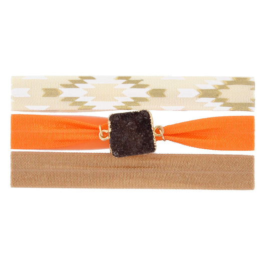 Three 8" Hair Ties - Tan, Orange with Brown Square Druzy and Cream Aztec Ties