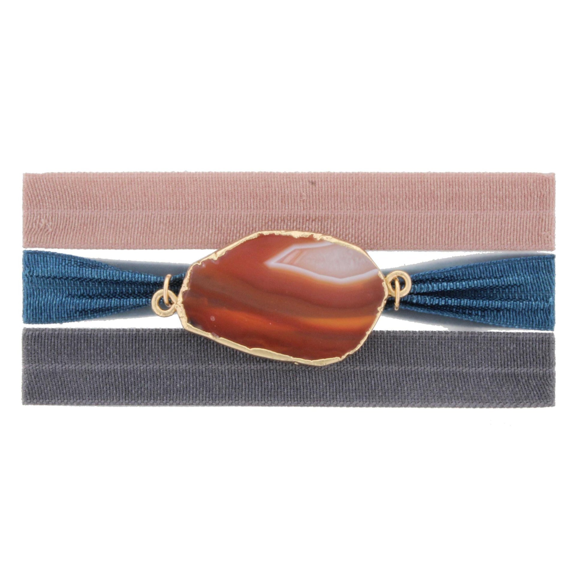 Three 8" Hair Ties - Grey, Dark Teal with Brown Agate, and Mauve Ties