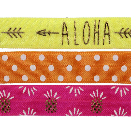 Kids Hot Pink Pineapple, Yellow "Aloha", Orange Dotted Hair Ties