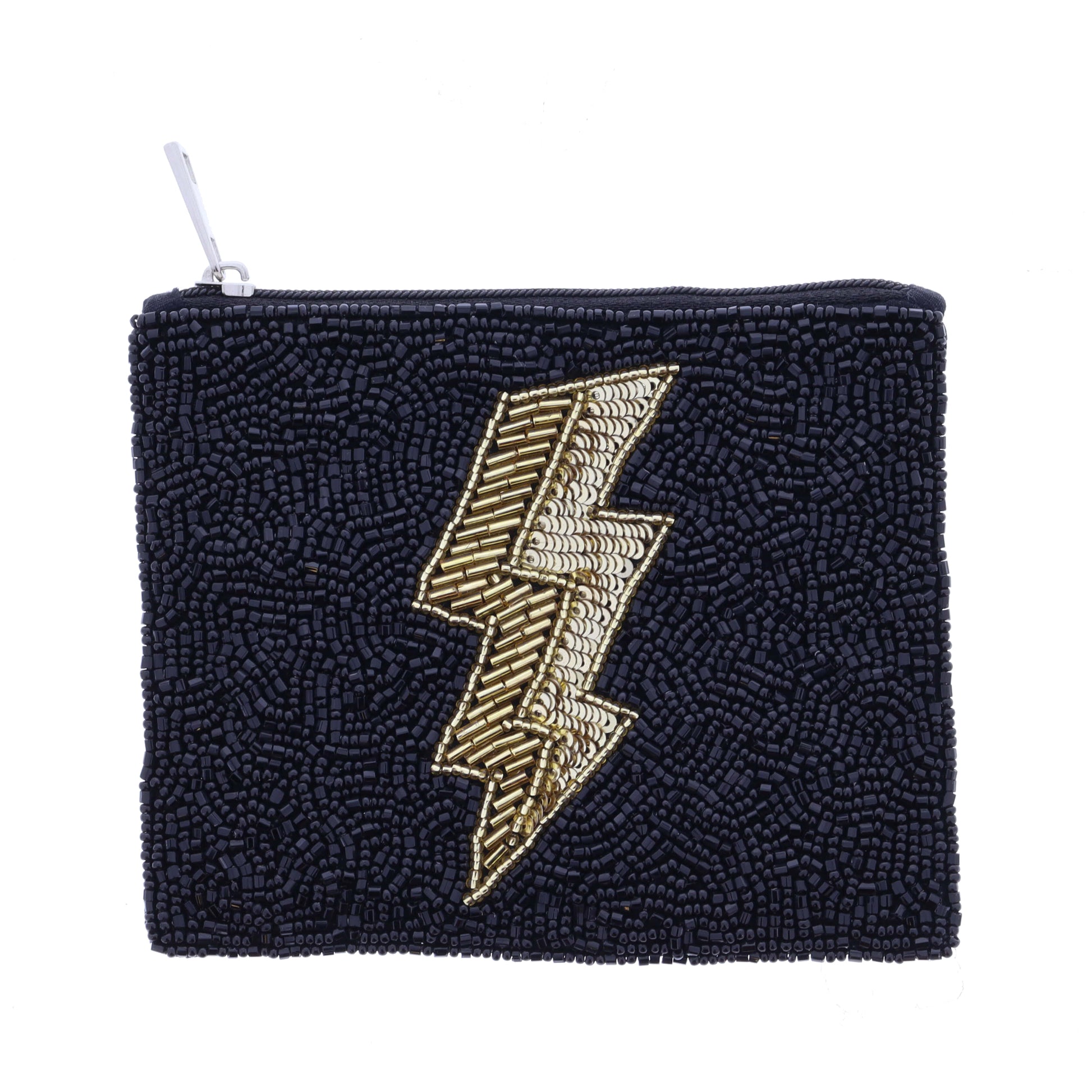 Black Beaded with Gold Lightning Bolt Coin Purse, 4" x 5"