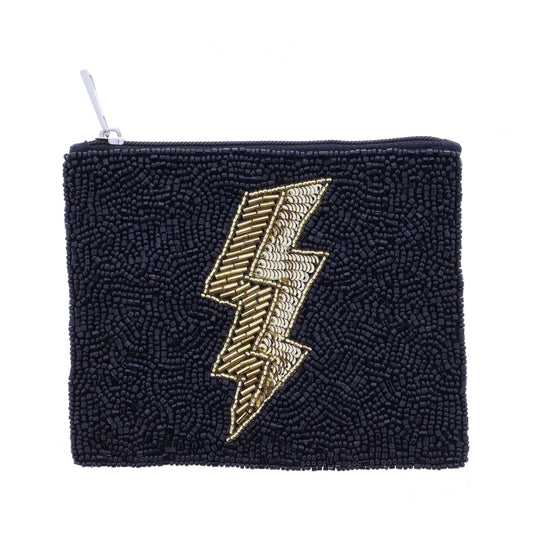 Black Beaded with Gold Lightning Bolt Coin Purse, 4" x 5"