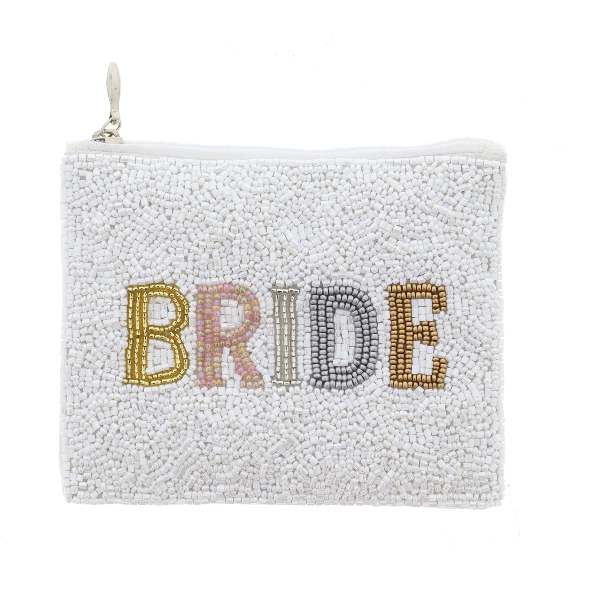 White Beaded with Multi Metal Toned "BRIDE" Coin Purse, 4" x 5"
