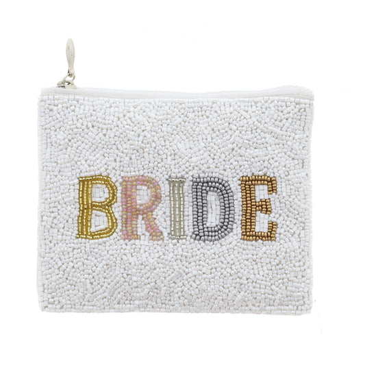 White Beaded with Multi Metal Toned "BRIDE" Coin Purse, 4" x 5"