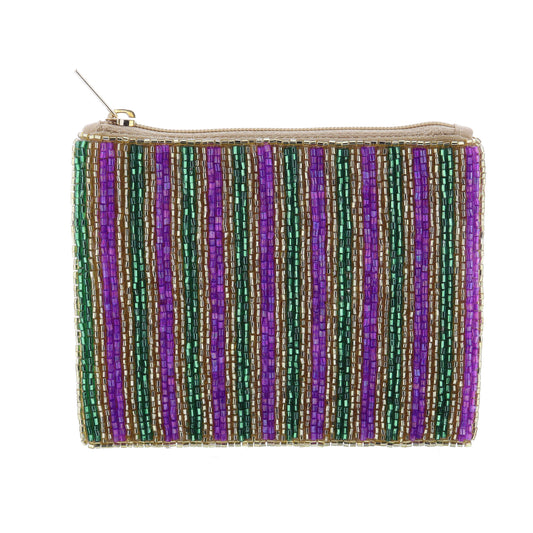 Alternating Green, Gold, Purple Beaded Stripes Coin Purse