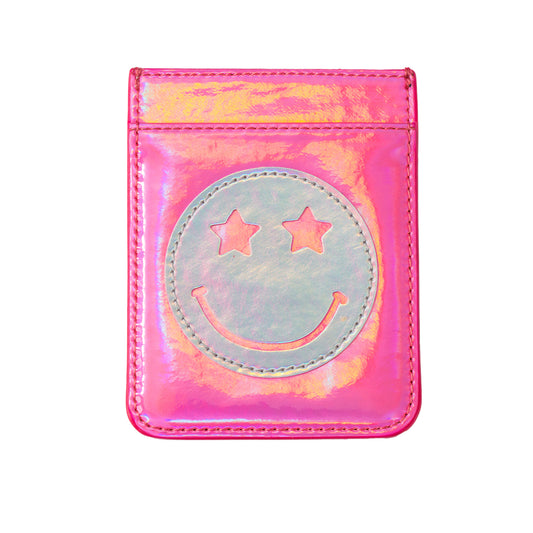 Iridescent Hot Pink with Silver Star Eye Happy Face Phone Wallet, 2.5" x 3.25"