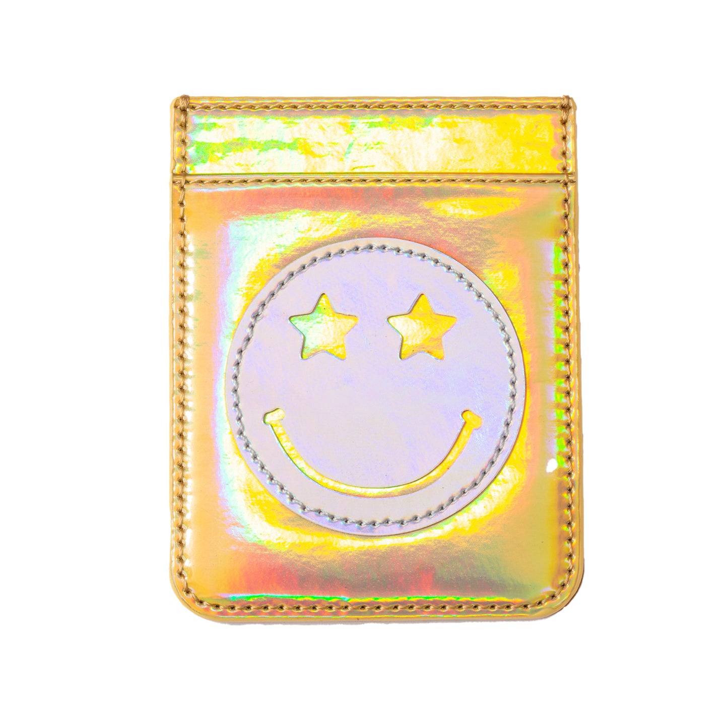 Iridescent Gold with Silver Star Eye Happy Face Phone Wallet, 2.5" x 3.25"