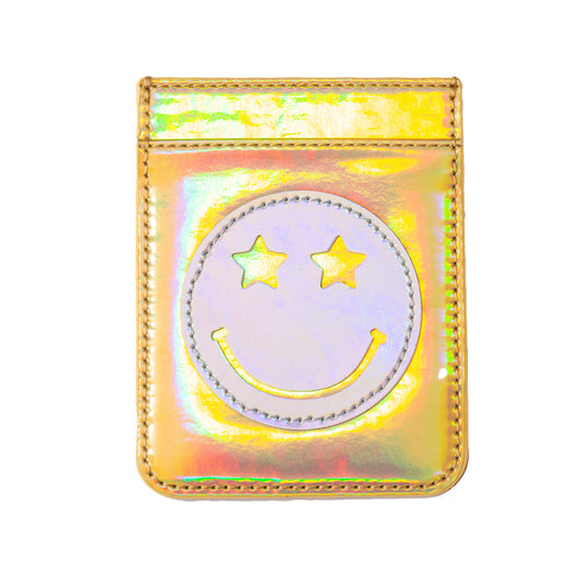 Iridescent Gold with Silver Star Eye Happy Face Phone Wallet, 2.5" x 3.25"