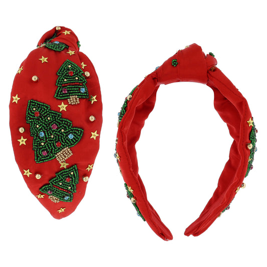 Multi Crystal and Beaded Christmas Trees with Gold Star Sequins on Knotted Red Headband