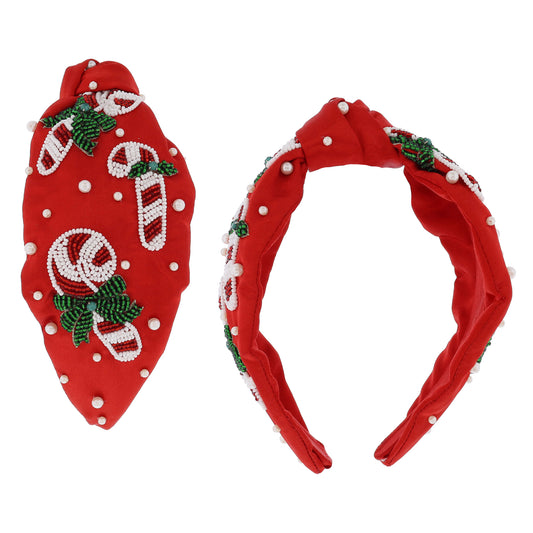 Beaded Candy Canes with Green Bows and Holly with Pearl Beads on Knotted Red Headband