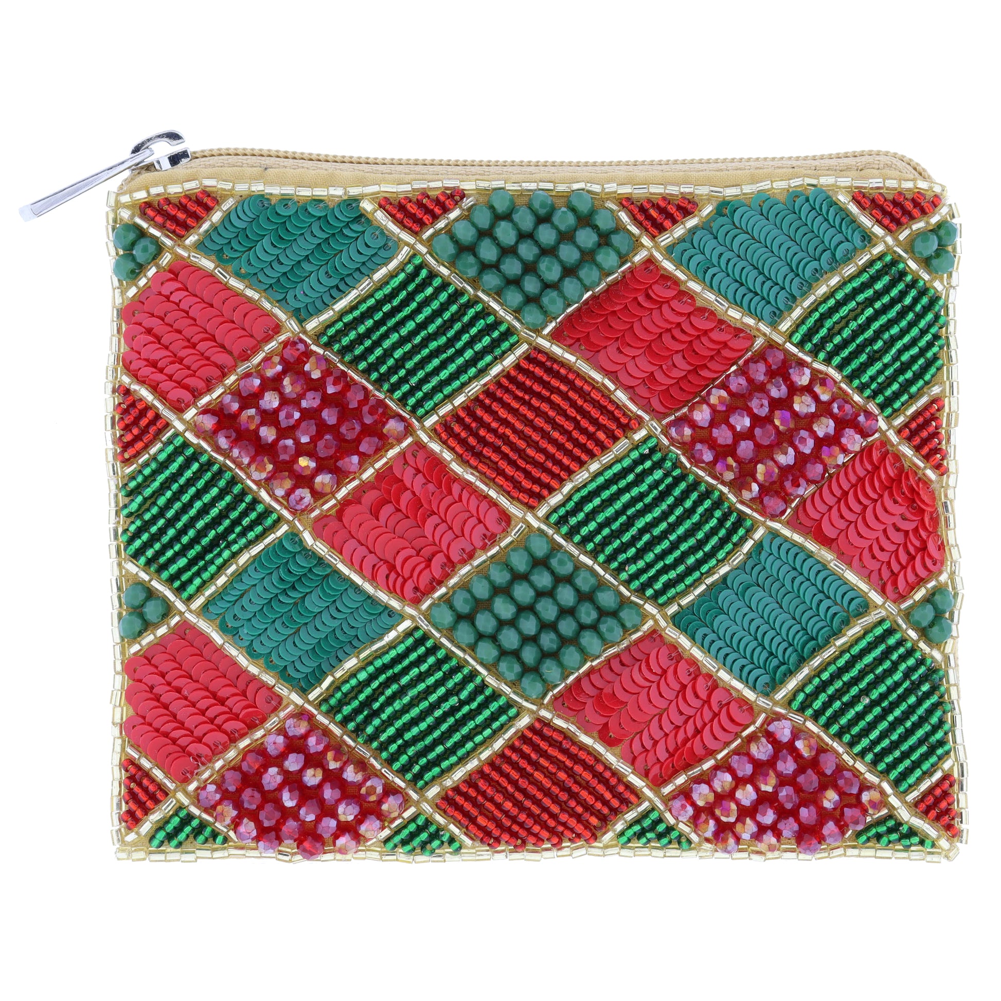 Red and Green Multi Beaded and Sequin Diamond Checkered Print with Gold Outline Coin Purse, 4" x 5"