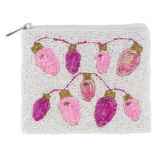 Multi Pink Sequin and Gold Beaded Christmas Lights on Iridescent White Beaded Coin Purse, 4" x 5"
