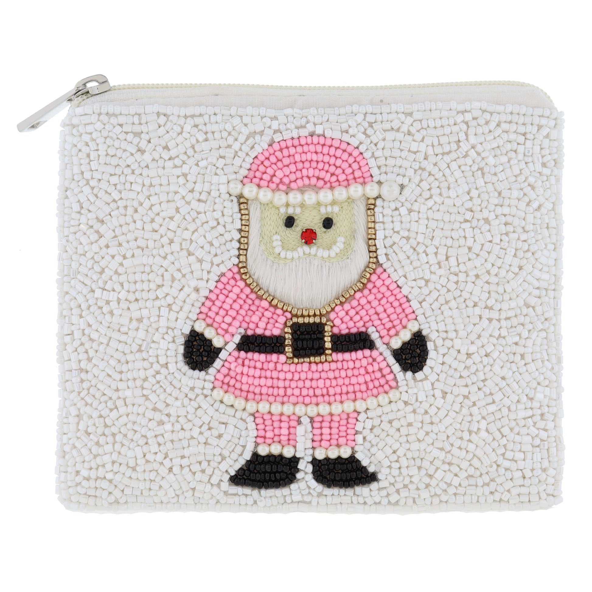 Beaded Pink Santa with Pearl Beaded Accents & Red Crystal Nose on White Beaded Coin Purse, 4" x 5"