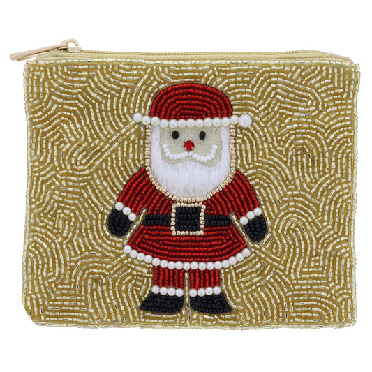 Beaded Red Santa with Pearl Beaded Accents and Red Crystal Nose on Gold Beaded Coin Purse, 4" x 5"