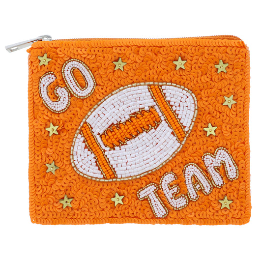 Orange Sequins with Gold, White Beaded "GO TEAM" & Football & Gold Star Sequins Coin Purse, 4" x 5"