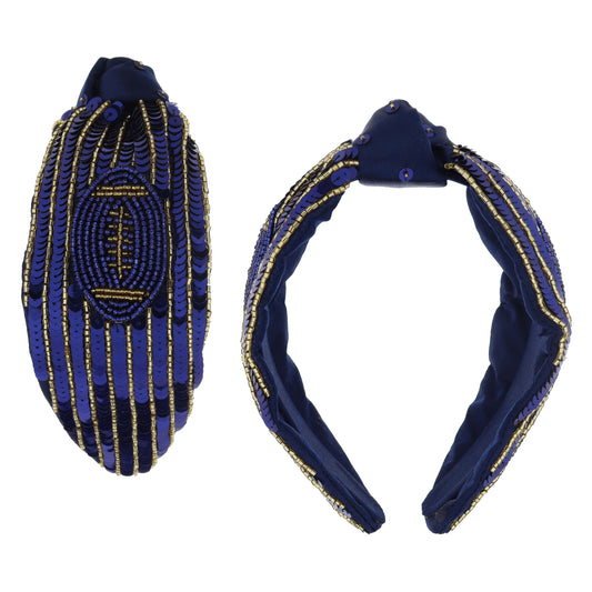 Navy Sequin & Gold Beaded Stripes with Navy & Gold Beaded Football on Knotted Navy Headband
