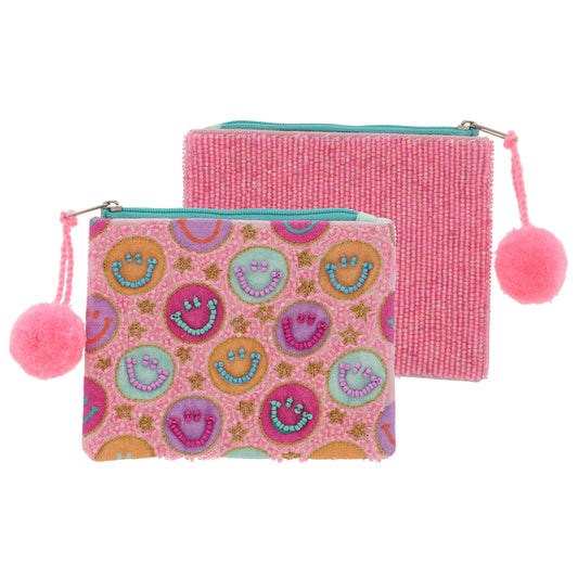 Pinks, Lavender, Mint, Orange Faces, Pink Beads & Stars Front, Pink Beads Back, Pink Pom Coin Purse