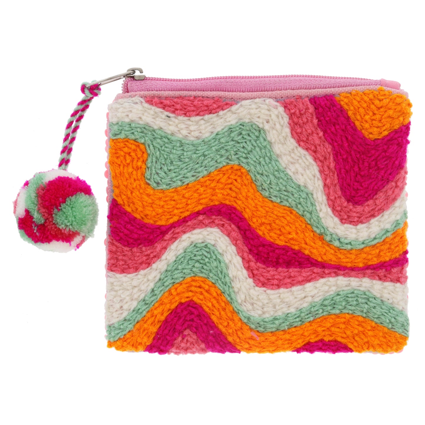 Pinks, Mint, Orange Retro Wavy Embroidered Pattern Front, Pink Sequin Back, Multi Pom Coin Purse