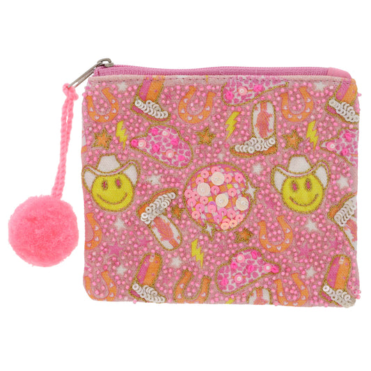 Pinks, Yellow, Coral, White Disco Cowgirl Pattern Front, White Beaded Back, Pink Pom Coin Purse