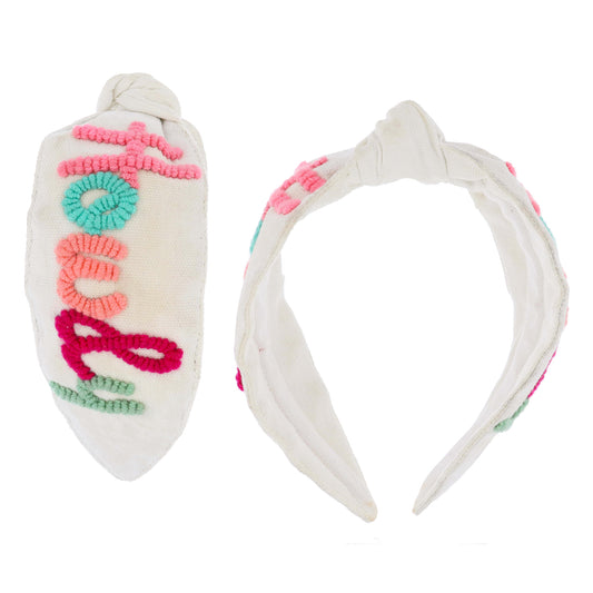 Multi Pinks and Mints Embroidered "Howdy" on White Knotted Headband
