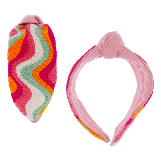 Multi Pinks, White, Mint, Orange Retro Wavy Embroidered Pattern on Pink Knotted Headband
