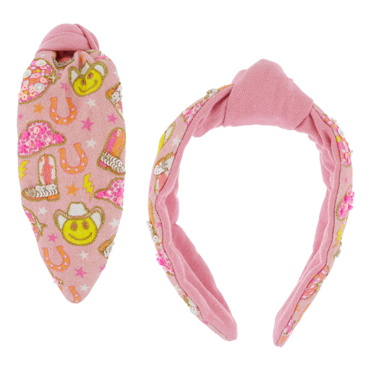 Pinks, Yellow, Coral, White Disco Cowgirl Pattern with Beading & Sequins on Pink Knotted Headband