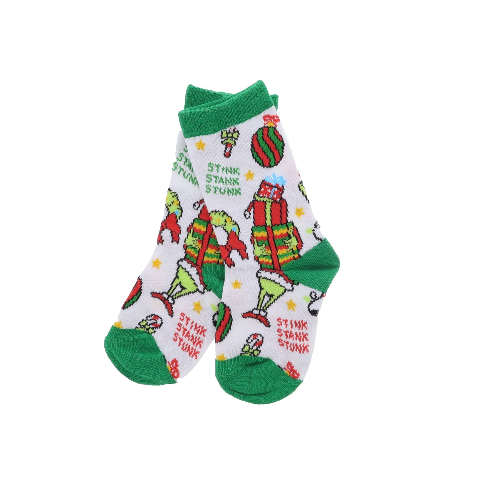 Pair of socks with Christmas-themed design on a white background