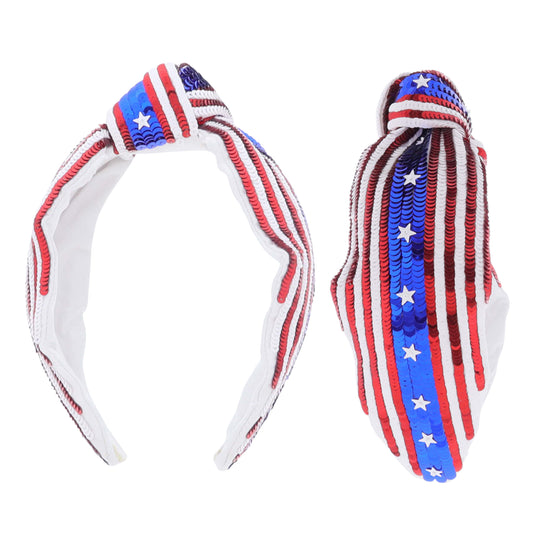 Red, White & Blue Striped Sequin with White Stars Headband