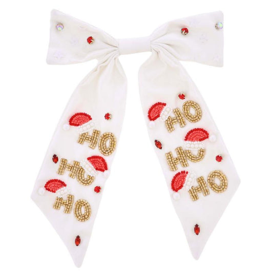 White Satin Beaded Santa Hats Hair Bow with "Ho" " Ho" "Ho"