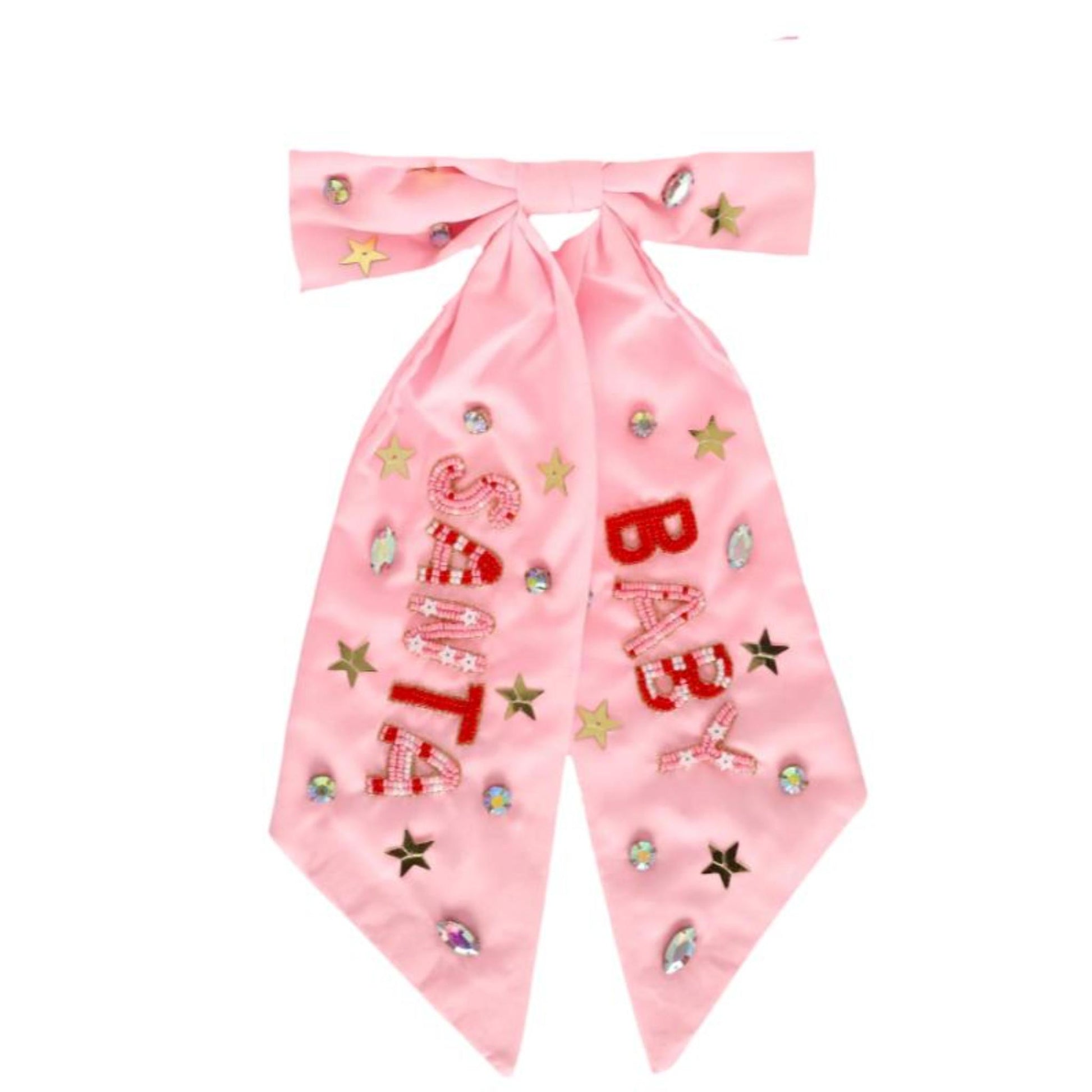 Pink Satin Beaded "Santa Baby" Hair Bow
