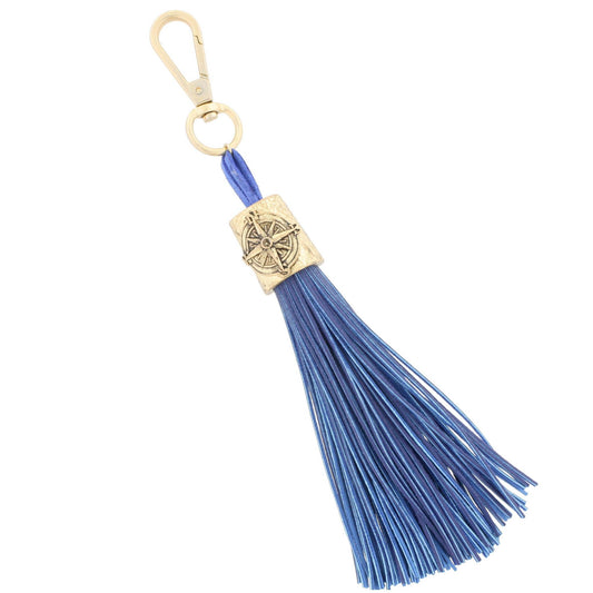 8" Gold Compass Icon Capped Navy Leather Tassel Keychain