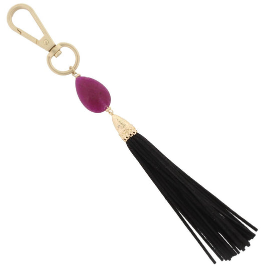 7" Magenta Stone with Black Leather Tassel Keychain