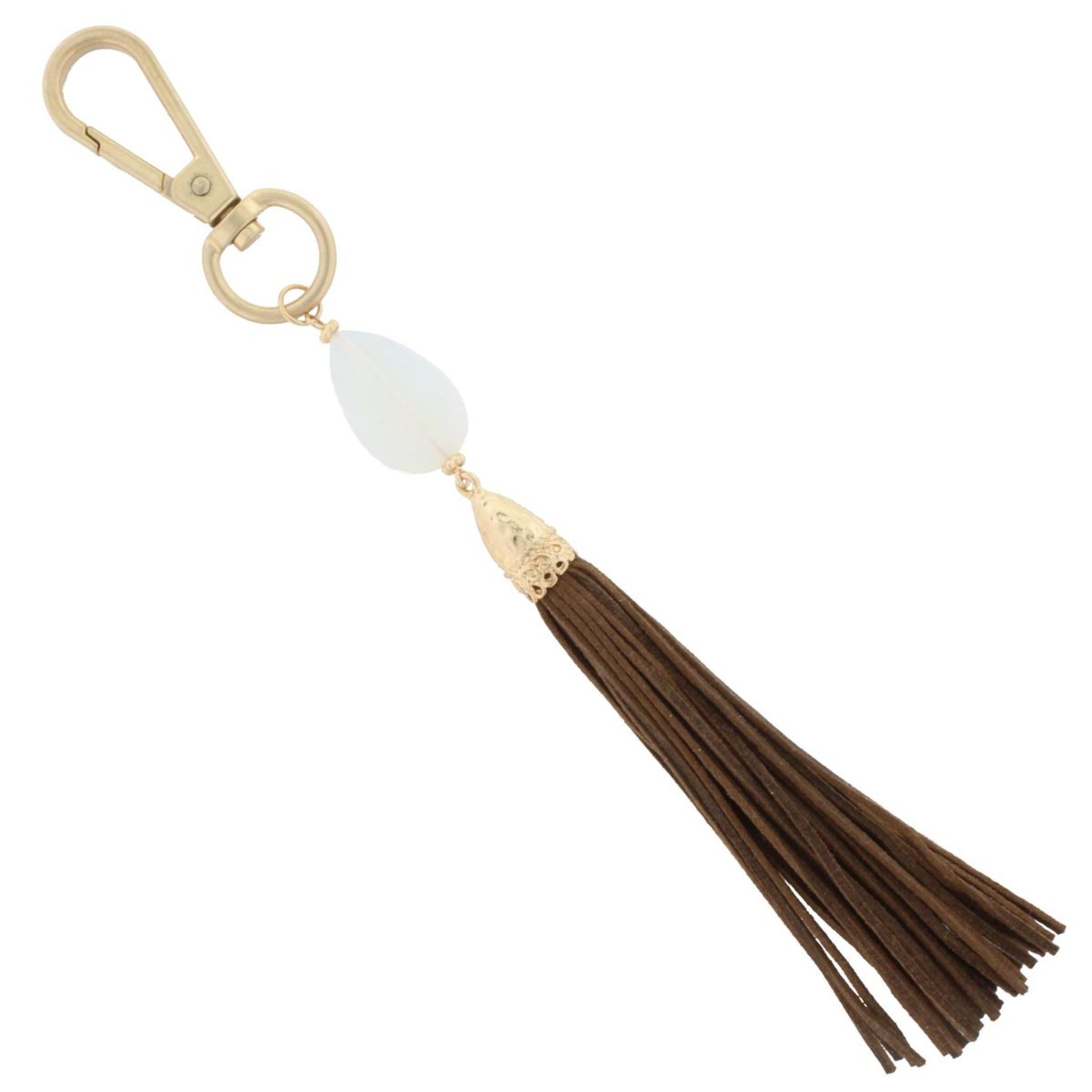 7" Opal Teardrop Stone with Brown Leather Tassel Keychain