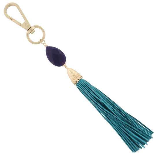7" Purple Teardrop Stone with Teal Leather Tassel Keychain