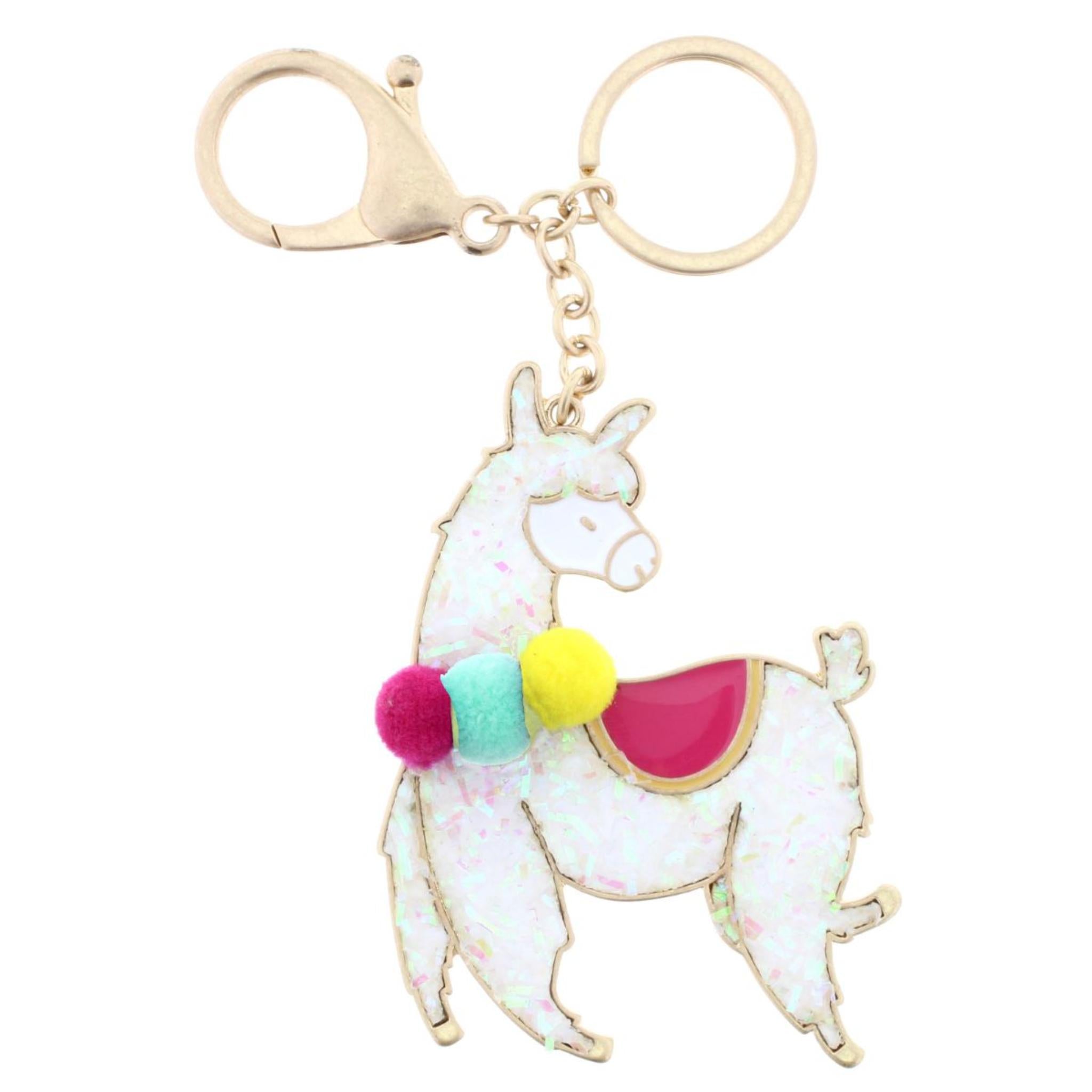 Kids AB White Confetti LLama with Enamel Saddle & Poms Keychain
