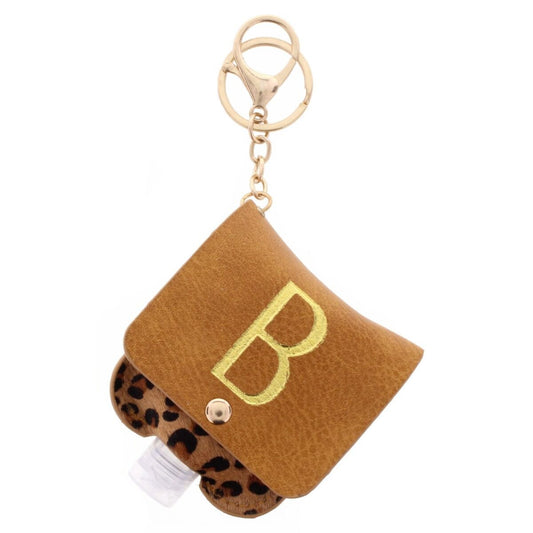 Gold "B" with Leopard Furon Hand Sanitizer Holder Keychain