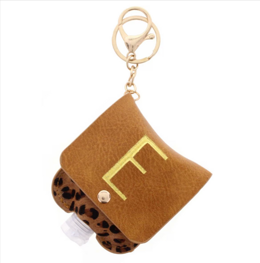 Gold "E" with Leopard Furon Hand Sanitizer Holder Keychain