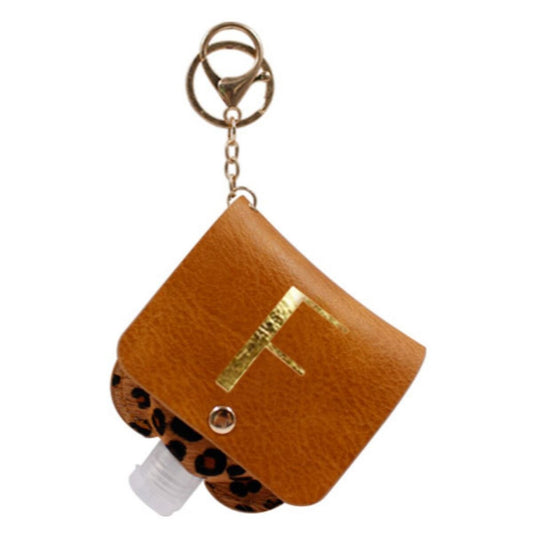 Gold "F" with Leopard Furon Hand Sanitizer Holder Keychain