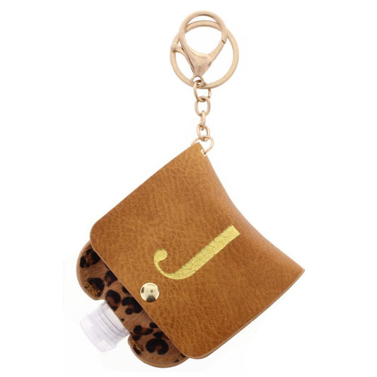 Gold "J" with Leopard Furon Hand Sanitizer Holder Keychain