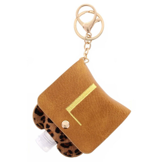 Gold "L" with Leopard Furon Hand Sanitizer Holder Keychain