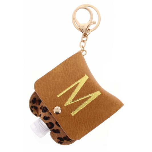 Gold "M" with Leopard Furon Hand Sanitizer Holder Keychain