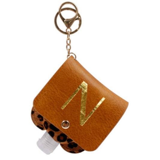 Gold "N" with Leopard Furon Hand Sanitizer Holder Keychain