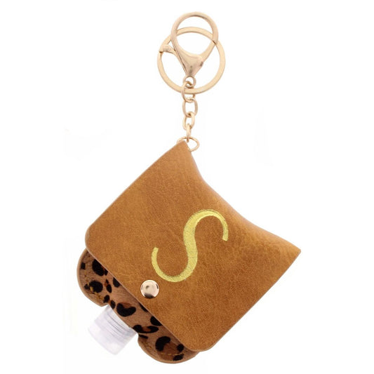 Gold "S" with Leopard Furon Hand Sanitizer Holder Keychain