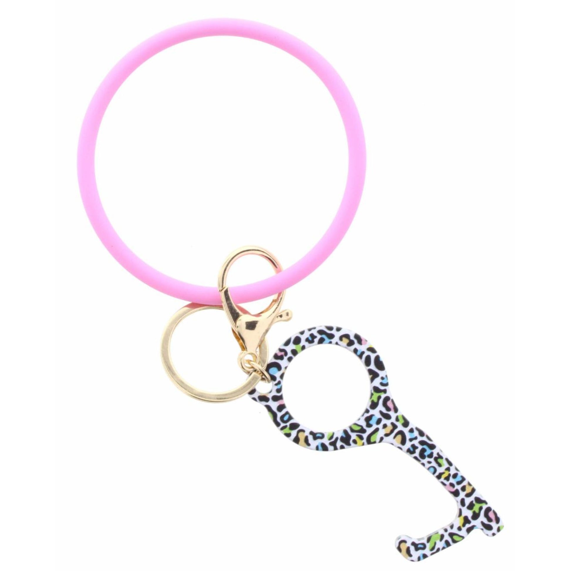 Light Pink Coated Metal Bangle with Multi Leopard Touchless Key Keychain