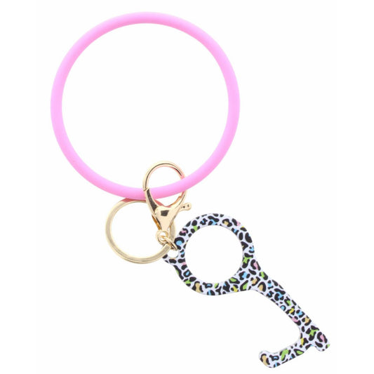 Light Pink Coated Metal Bangle with Multi Leopard Touchless Key Keychain