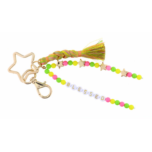Kids Star Key Ring, Yellow, Pink, Green Beaded Strands, "Blessed" Keychain